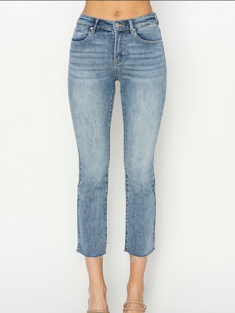 New w tags. Risen jeans medium wash cropped ankle raw hem